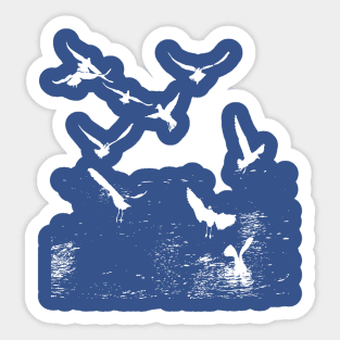 White Silhouette Of A Flock Of Seagulls Scavenging Sticker